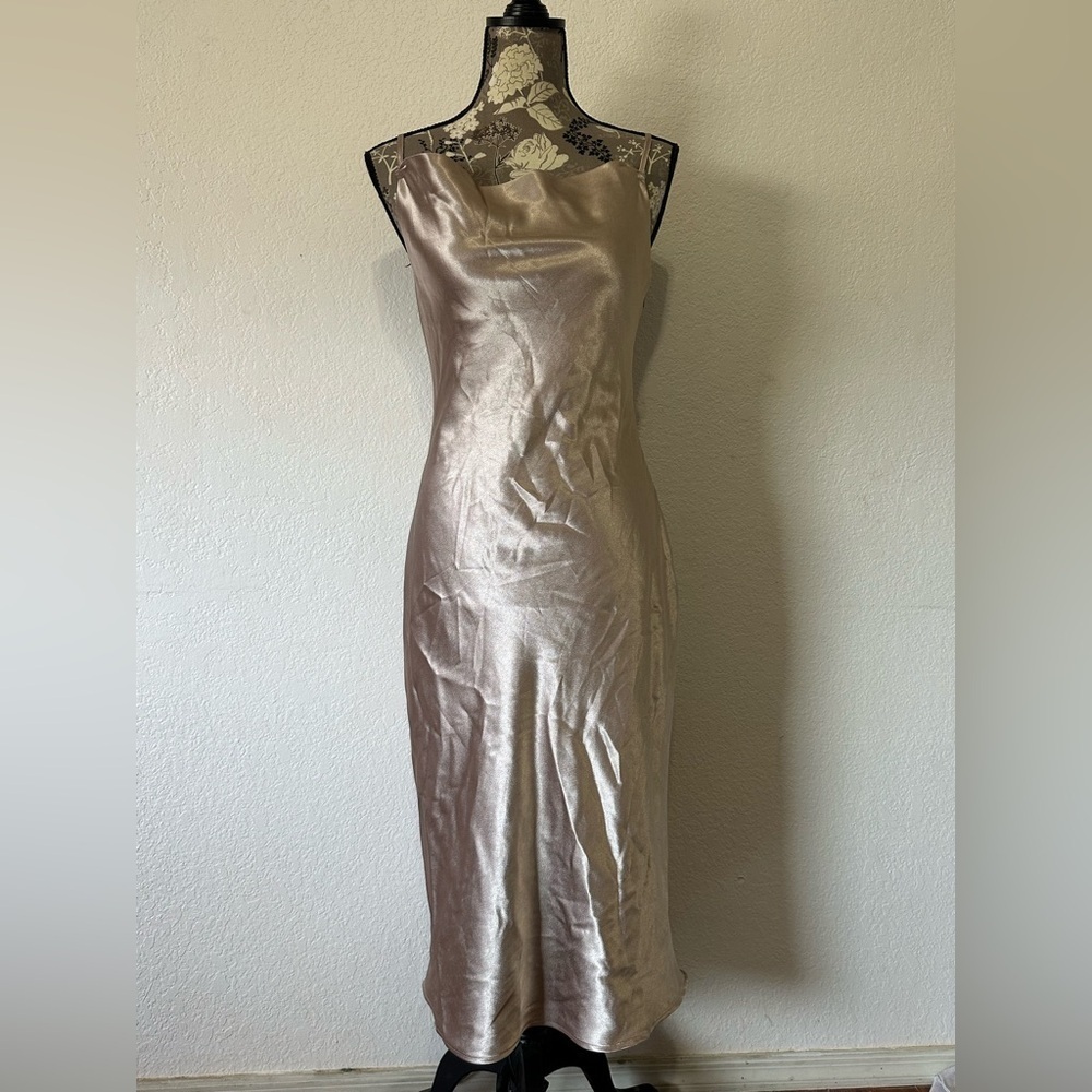 Birdie Grey Lisa Midi Slip Dress in Shiny Satin Taupe Champagne Grey- Size Small